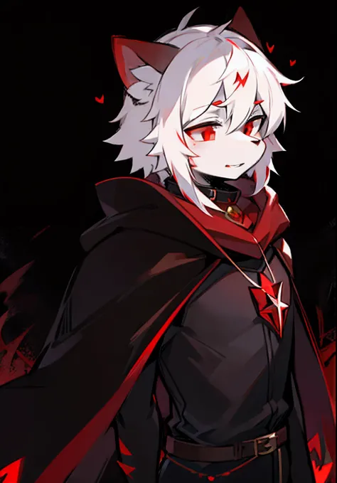 Dark hooded cape Red eyes Ruby pendant around the neck White hair Male Cult Dark environment furry