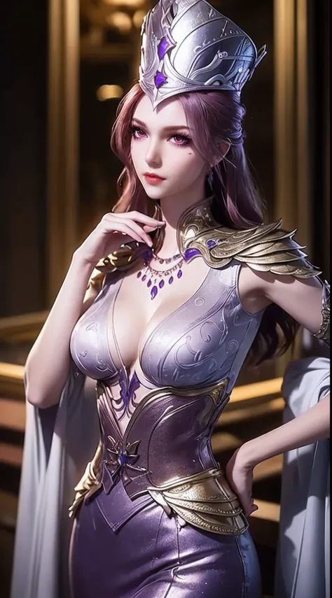 1 sexy goddess wearing sexy purple armor, armor with many intricate and sophisticated patterns, thin armor, deep slit shirt, lon...