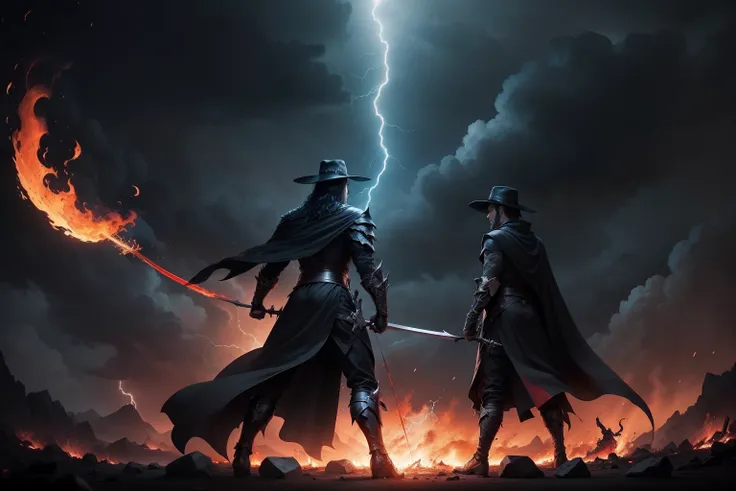 2 people are fighting, 1 is holding a fire bow and flaming arrow, wearing a black cape and black hat, 1 is holding a very large sword and wearing a long black suit. dark sky, lightning. The two people stood far apart