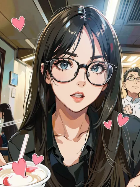 One wears big black-framed glasses，Beautiful girl with long black hair，A drink in his hand