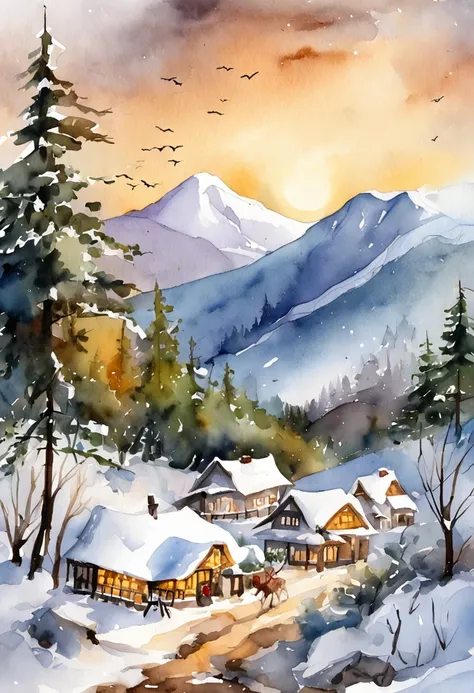 snow mountains，yukito，Christmas tree，The peaks are covered in snow，The golden sun shines on the mountains，Snowman nearby，The snowmans face is full of happy smiles，There are also several Christmas trees next to it，Decorative lamps hang above，in a panoramic ...