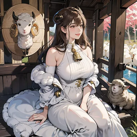 Women in Their 20s、 Fantasia、offcial art, unity 8k wall paper, ultra-detailliert, beautifly、Aesthetic, ​masterpiece, top-quality, Photorealsitic、Large black eyes、dark brown hair、Sheep Woman、Sheeps ears、Milky horned sheep horns、Giant Spiral Horn:1.5、Collar ...