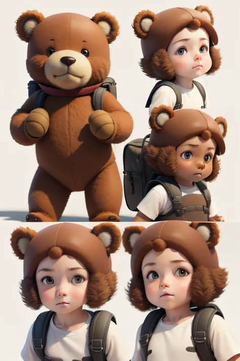 Adventure teddy bears, Various poses and expressions on white background, Simple, Childrens book 3D style, for 6 years old, colours, Short brown fur, Solid color, without book, Without glasses, without backpack