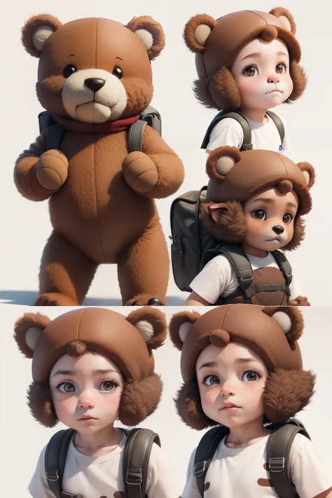 Adventure teddy bears, Various poses and expressions on white background, Simple, Childrens book 3D style, for 6 years old, colours, Short brown fur, Solid color, without book, Without glasses, without backpack