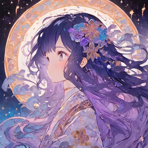 (White background:1.4),(Silhouette of a girls head, Eyes closed, Long black hair, Oriental elements，galactic，starrysky，Blue rose，A large patch of lavender)，(Chinese illustration:1.3，paper art:1.3, Quilted paper art:1.2),( reasonable design, Clear lines, Hi...