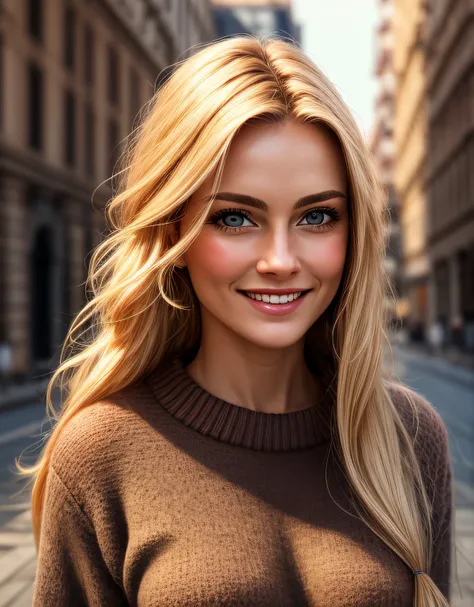 Masterpiece, absurdres,HDR ,highly detailed face,smiling, beautiful nod_woman, a woman with long blonde hair and a black sweater ,perfect nod_body,perfect nod_face,