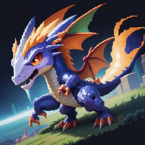 Close-up of pixel image of dragon, Dragon pixel art, 1 0 0 0 x 1 0 0 0 pixel art, pixel art sprite, videogame sprite, high quality pixel art, Pixel art vintage Digimon bitmap, For red and blue Digimon, Pixel uh, 32-bit pixel art, vintage art, pixel art 8 -...