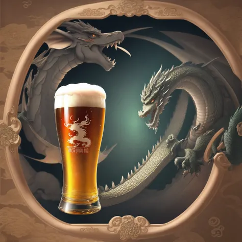 Beer glass with Chinese dragon background