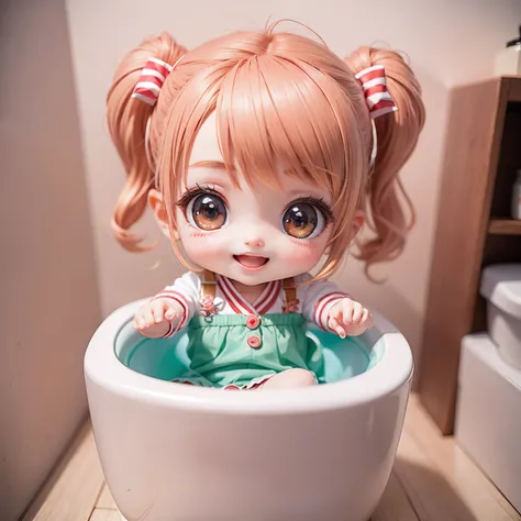 Cute Baby Chibi Anime,（（（Super masterpiece、top-quality、ultra-detailliert、1 girl in、Chibi：1.5）））、Fashionable Chibi、Smile with open mouth、Chibi Toilet、Looking at the camera、A detailed face、highdetailskin、（Chibi：1.4）