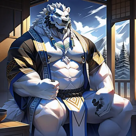 (morning), 1volibear, 独奏, 看着观众, winter, smile,肌肉男，beard,middle-aged，white fundoshi,((open) black kimono)，japanese traditional clothes,picture quality, full color, extreme detail,sit down,stud earrings,nipple ring,full body close-up, exquisite painting styl...