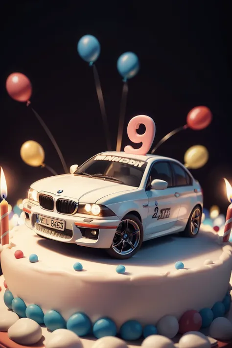 Happy birthday! On the birthday cake is a funny cartoon BMW car. Lots of candles and balloons. Close-up. Lots of details. Festive, fun. Cartoon style Disney Pixar. Super realistic. Cinematic. Light blurred background of the festive table. Light haze.