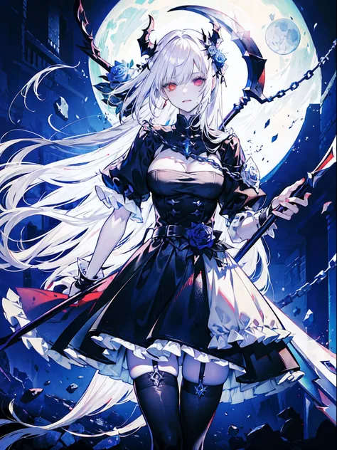 Evil white-haired demon, With a chain scythe, Sexy Outfit, Heterochromia eye, Black, Red Moon and Blue Rose, Fantasy background