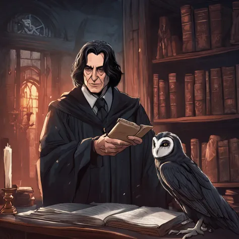 an owl give severus snape a envelope, severus snape holding magic wand , his long-shoulder black hair, wizard, , robes, in school