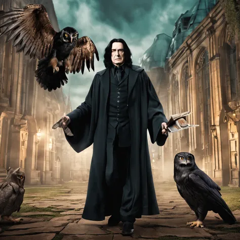 an owl give severus snape a envelope, severus snape holding magic wand , his long-shoulder black hair, wizard, , robes, in school