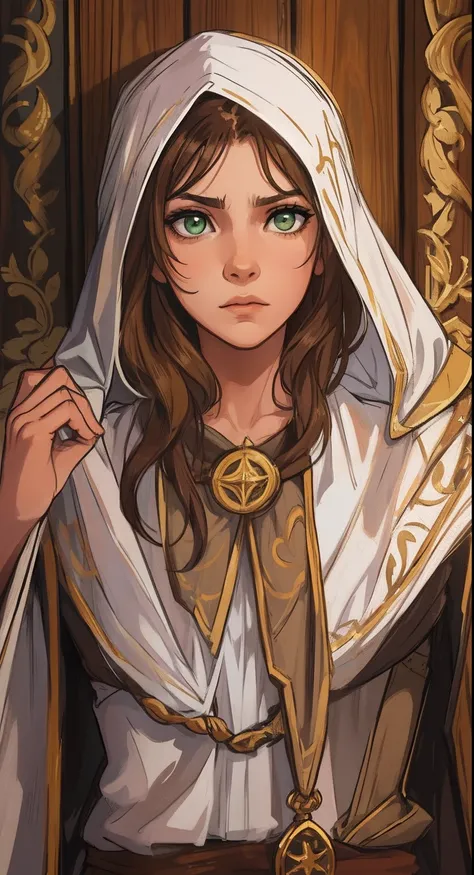 A beautiful woman with green eyes and brown hair she is a sorceress wearing white and gold noble robes A princess of magic and a sad look of dramatic concern A wooden wall background An art for an RPG A medieval art for RPG