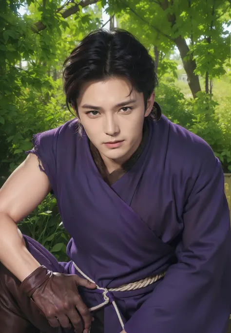 Real life adaption of this character,(realistic hair),((realistic outfit long-sleeved robe is purple and one of the sleeves is torn at the shoulder)),realistic brown gloves,black pants,white rope in wasit,handsome Korean face,realistic light,realistic shad...