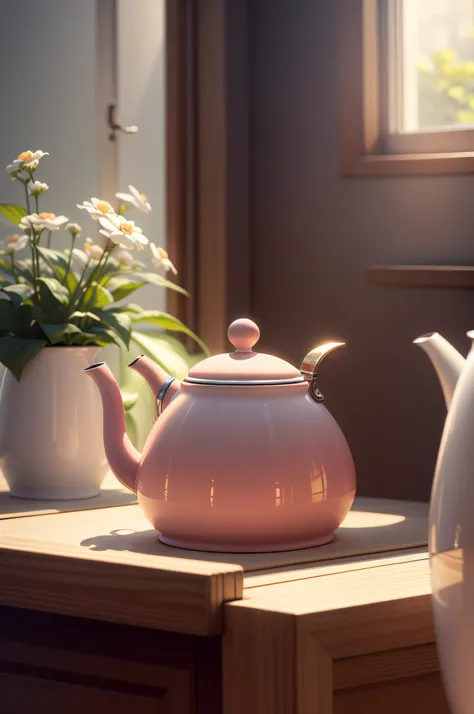 There was a kettle on the table，There was tea inside, designed for cozy aesthetics!, warm and joyful atmosphere, Vibrant and dynamic, highly detailed composition, Handsome, shot with sony alpha 1 camera, vivid composition, miko, Peach, blender, crisp smoot...