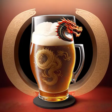 Beer glass with Chinese dragon background