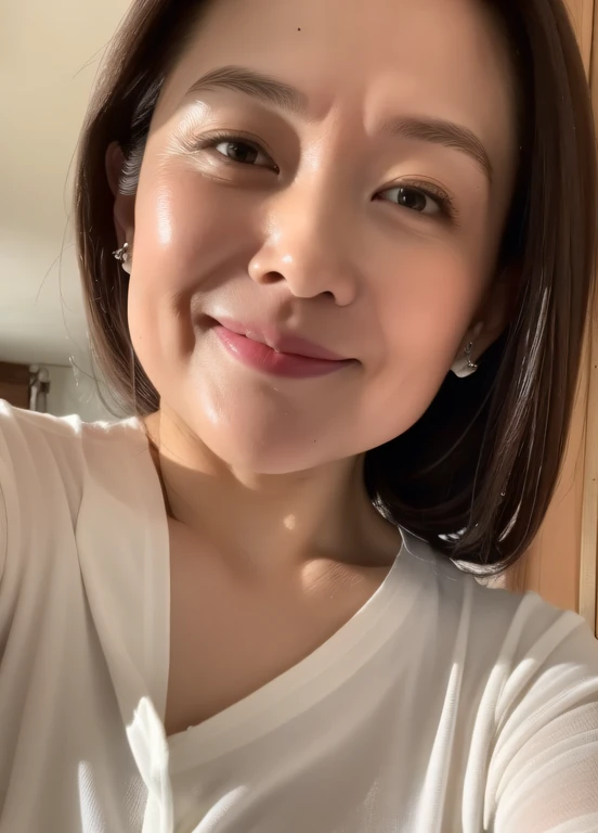 masterpiece,best quality, (milf:1), accurate anatomy, ((close up:1)), ((selfie both hands)), Looking at the Viewer, ((open mouth:0.75)), ((your chin up:1.3)), cross arms, sweaty body:1, wet white shirt, ((seductive expression)), friendly, in room