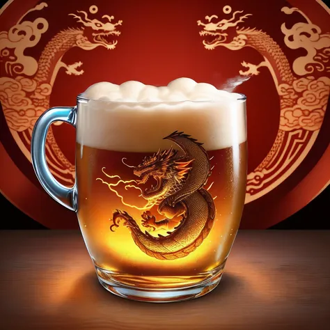 Beer glass with Chinese dragon background