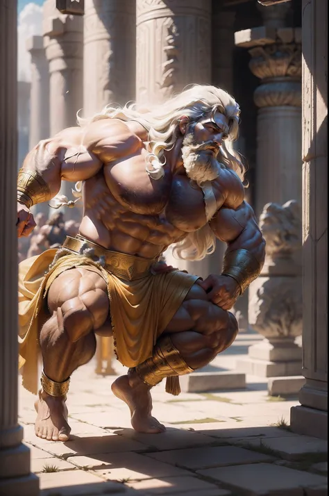 arafed man in a golden outfit is running through a courtyard, furious Samson, epic scene of Samson, muscular character, 3 d render character art 8 k, Biblical Samson, muscular characters, unreal engine render saint seiya, large muscles, hyperdetailed fanta...