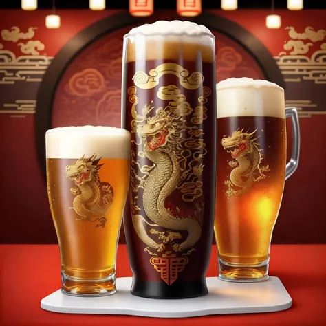 Beer glass with Chinese dragon background