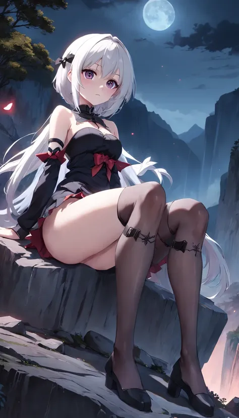 Anime girl with white hair and black stockings sitting on a rock, nightcore, [ 4 K digital art ]!!, demon anime girl, Best anime 4k konachan wallpaper, gapmoe yandere grimdark, gothic maiden anime girl, Anime art wallpaper 8 K, zerochan art, style of anime...