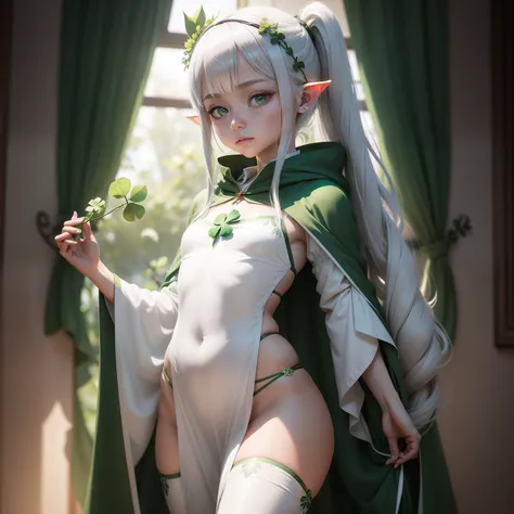 The appearance is that of a young girl，Has elven ears。Her long grayish white hair is tied into a side ponytail，The ends have a distinct green gradient，A young leaf grows on the right side of the head，Symbolizes its status as a new god。The bottom layer of t...