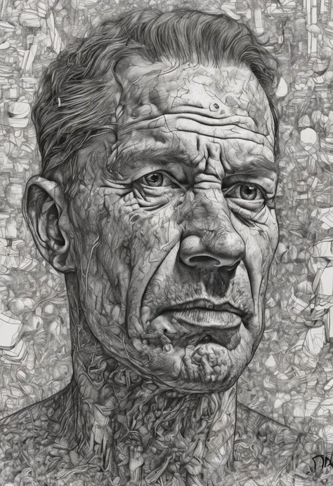 a drawing of a man with a very large head and a very long face, very expressive detailed face, scribble art, pollock photorealistic, extremely detailed portrait, anger. hyper detailed, extremely detailed face, scribbled, extreme detailed face, scribble ske...