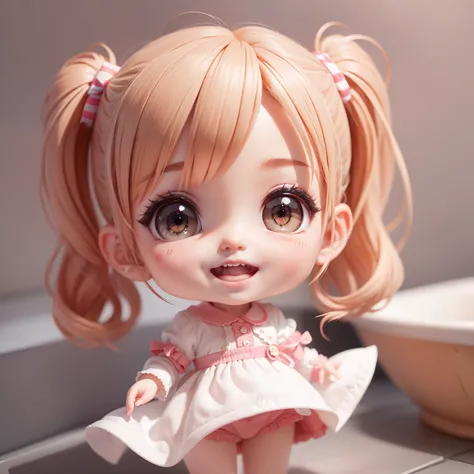 Cute Baby Chibi Anime,（（（Super masterpiece、top-quality、ultra-detailliert、1 girl in、Chibi：1.5）））、Fashionable Chibi、Smile with open mouth、Chibi unit bathroom、Looking at the camera、A detailed face、highdetailskin、（Chibi：1.4）