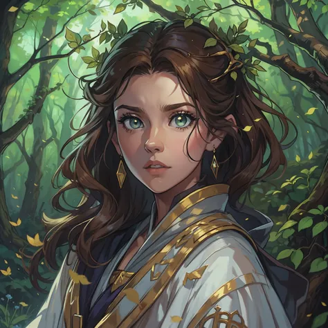 A beautiful woman with green eyes and brown hair, Ella es una hechicera bruja, wearing white and gold robes, Noble robes, Una princesa de magia y una mirada miedo;, ((Enrojecida)) Fondo del bosque, Por la noche, Un bosque horrible, trees with branches. Lea...