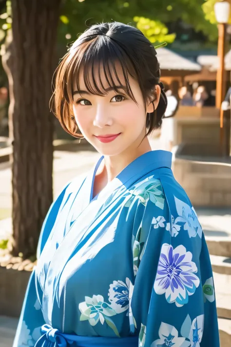 Smiling woman in blue kimono、campus