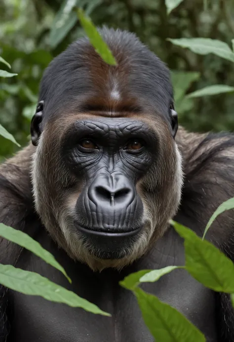 High nation-geographic symmetrical close-up portrait shoot in green jungle of an expressive Gorilla, anamorphic lens, ultra-realistic, hyper-detailed, green-core, jungle-core –ar 16:9 –q 2 –v 5