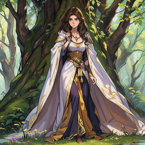 A beautiful woman with green eyes and brown hair, she is a witch sorceress, wearing white and gold robes, noble robes, A princess of magic and a tired look;, ((corada)) fundo floresta, leaning against a tree, floresta com nevoeiro. Uma arte para um RPG Uma...