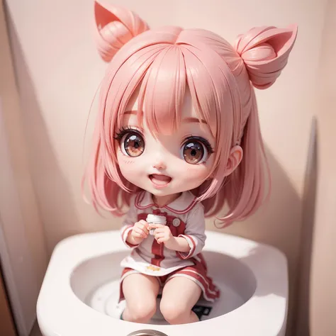 Cute Baby Chibi Anime,（（（Super masterpiece、top-quality、ultra-detailliert、1 girl in、Chibi：1.5）））、Fashionable Chibi、Smile with open mouth、Chibi unit bathroom、siting on a toilet、Looking at the camera、A detailed face、highdetailskin、fullllbody、（Chibi：1.4）