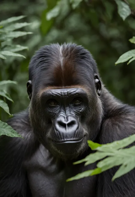 High nation-geographic symmetrical close-up portrait shoot in green jungle of an expressive Gorilla, anamorphic lens, ultra-realistic, hyper-detailed, green-core, jungle-core –ar 16:9 –q 2 –v 5