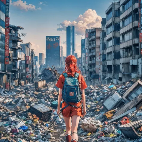 a red-haired teen girl with a backpack climbing a mountain of rubbish against a ruined tokyo city in the background, photo, cinematic, There is a signboard, and it says Tokyo. 4k, ultra high resolution