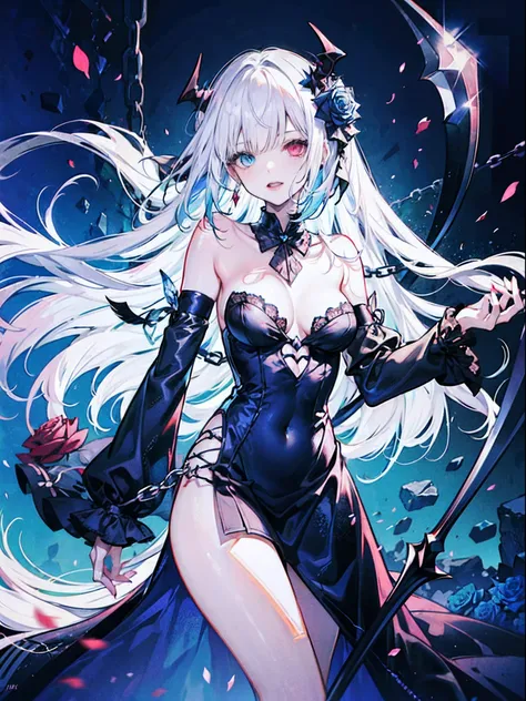 Evil white-haired demon, Chain scythe, Sexy Outfit, Heterochromia eye, Black, Red Moon and Blue Roses, Fantasy background