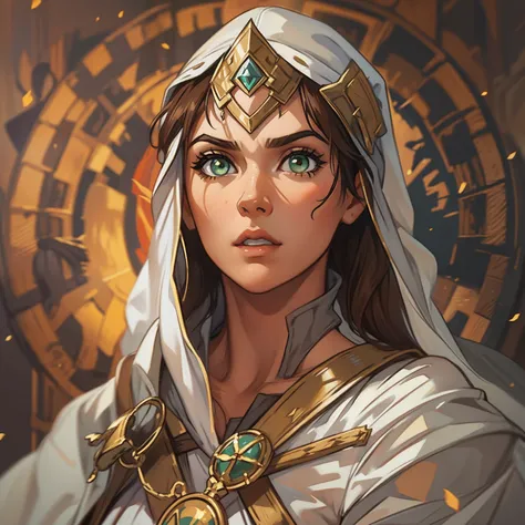 a beautiful sexy woman with green eyes and brown hair is a maga sorceress dressed in white and gold robes com decote noble robes...