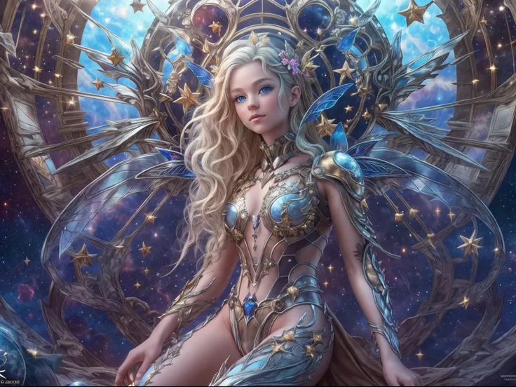 there is an illustration of a fairy with mecha parts fairy_wings floating on Mars planet looking into space seeing the vast of stars and space, full body shot,  blond hair, long hair, blue eyes, ultra detailed face, space and stars as background, sense of ...