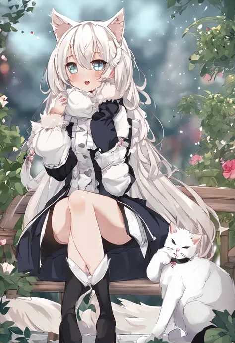 Cat cat girl，dual horsetail，A cute look，largeeyes，Gothololita，Garden background，Cat ears，a cat tail，leg loops，white color hair，white long boots，Bow knot，at winter season