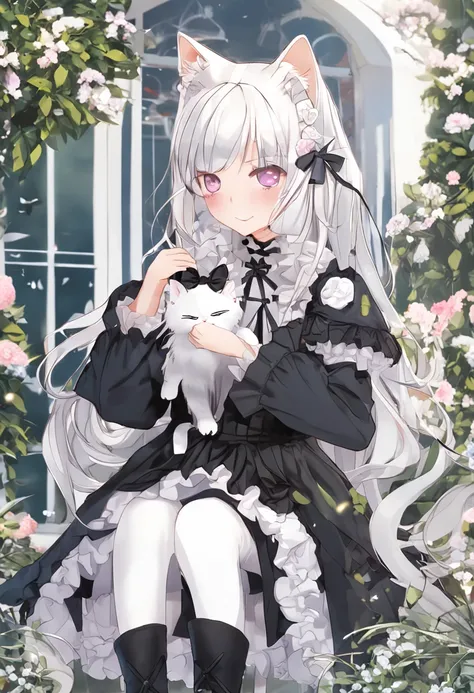 Cat cat girl，dual horsetail，A cute look，largeeyes，Gothololita，Garden background，Cat ears，a cat tail，leg loops，white color hair，white long boots，Bow knot，at winter season