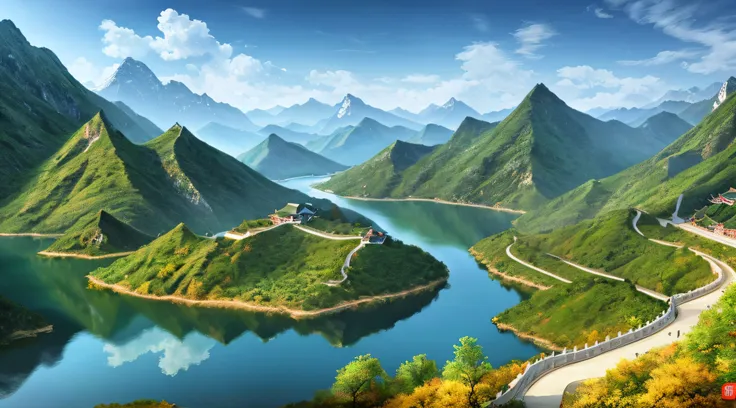 a beautiful chinese mountain and lake, (masterpiece), (portrait), (raw photo), (highly detailed cg unity 8k wallpaper) intricate...