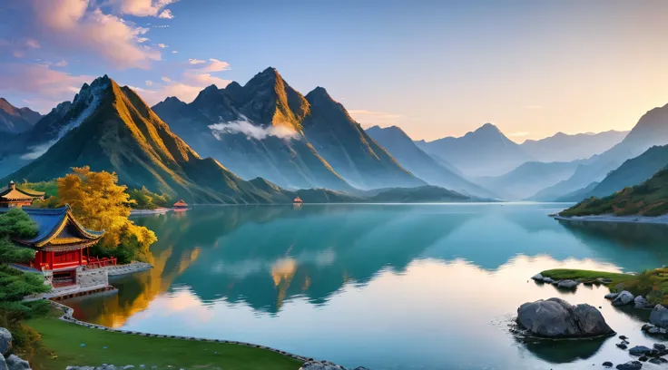 a beautiful chinese mountain and lake, (masterpiece), (portrait), (raw photo), (highly detailed cg unity 8k wallpaper) intricate...