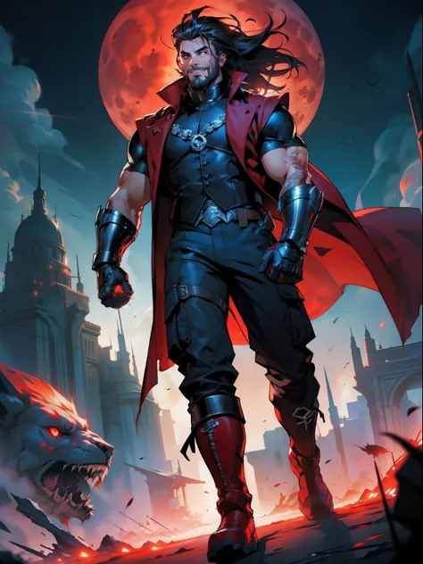 blood moon background, illustration, marvel comics style. tall villian, buffed, short mane hair, ((mullet)), defined face, detai...