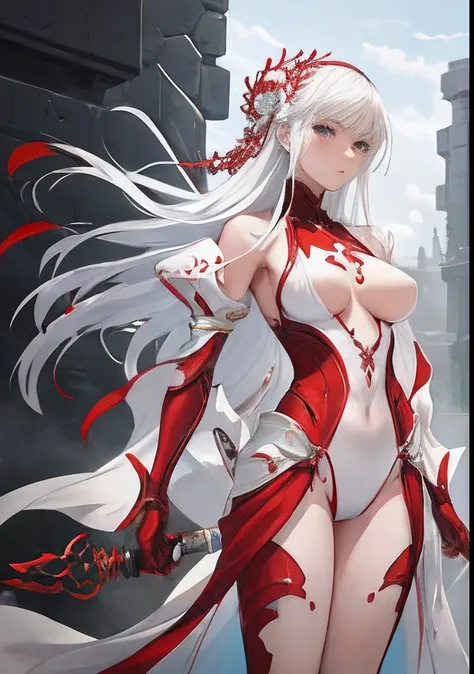 Girl with white hair and red costume holding sword, See-through sheer nipples、Good body shape full body with good style、nakeness、cushart krenz key art feminine, epic light novel art cover, overdetailed art, Detailed key art, epic light novel cover art, key...