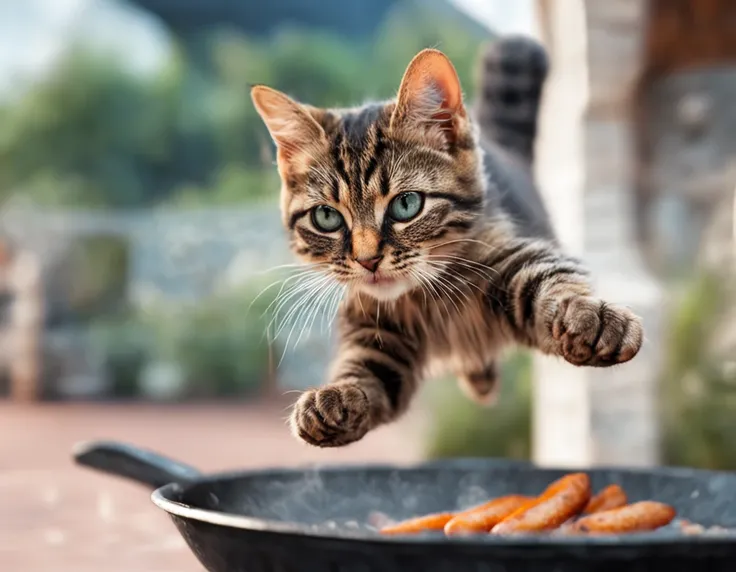 A cute cat jumps in midair，Paw stretched out towards the grill skewer diagonally ahead