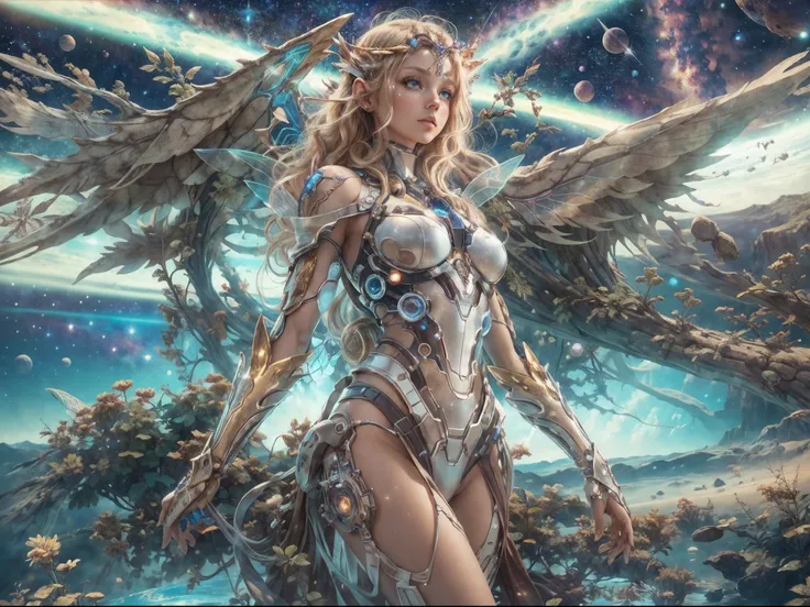 there is an illustration of a fairy with mecha parts fairy_wings floating on Mars planet looking into space seeing the vast of stars and space, full body shot,  blond hair, long hair, blue eyes, ultra detailed face, space and stars as background, sense of ...