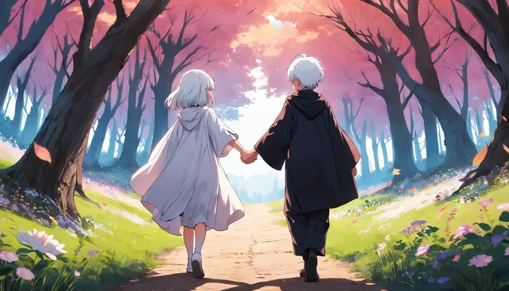 2 kids holding hands walking on flowery forest. White haired. Wears cloak. Barefoot