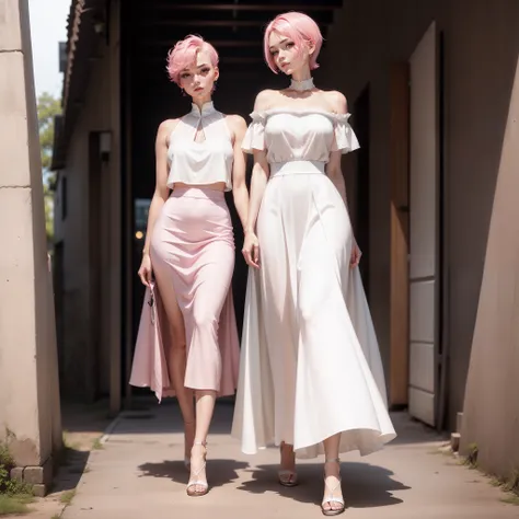 pink short hair，s delicate face，Straight facial features，A shallow smile，sideface，Fair skin，slimfigure，a white long skirt，Black heels，simple backgound